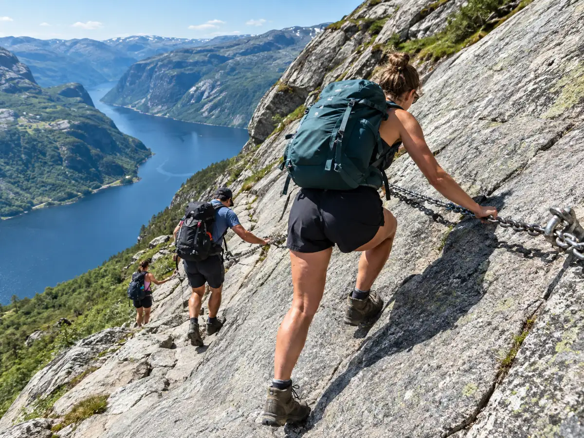 Randonneurs gravissant une dalle de granit raide avec une chaîne fixe sur le sentier du Kjerag